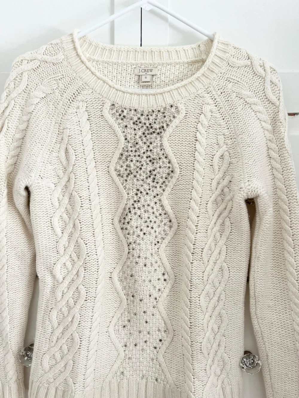J.Crew Beaded Cable Knit Merino Wool Blend Sweater Cream Size S